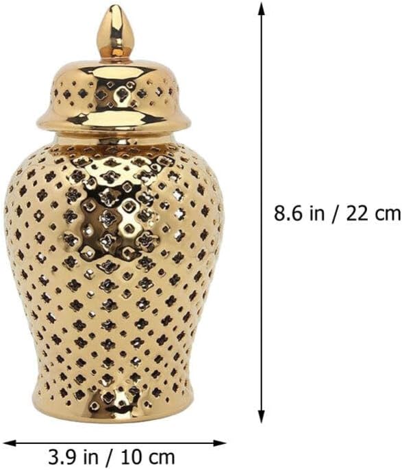 HOMSFOU Tarro de jengibre de cerámica con tapa tallada celosía decorativa tarro de templo moderno de cerámica ahuecado tarro de jengibre florero
