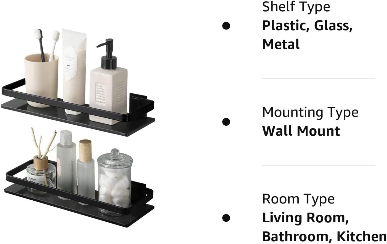 KES Estante de vidrio negro para baño, estante de pared de vidrio templado extra grueso, rectangular, paquete de 2, estante flotante de vidrio de