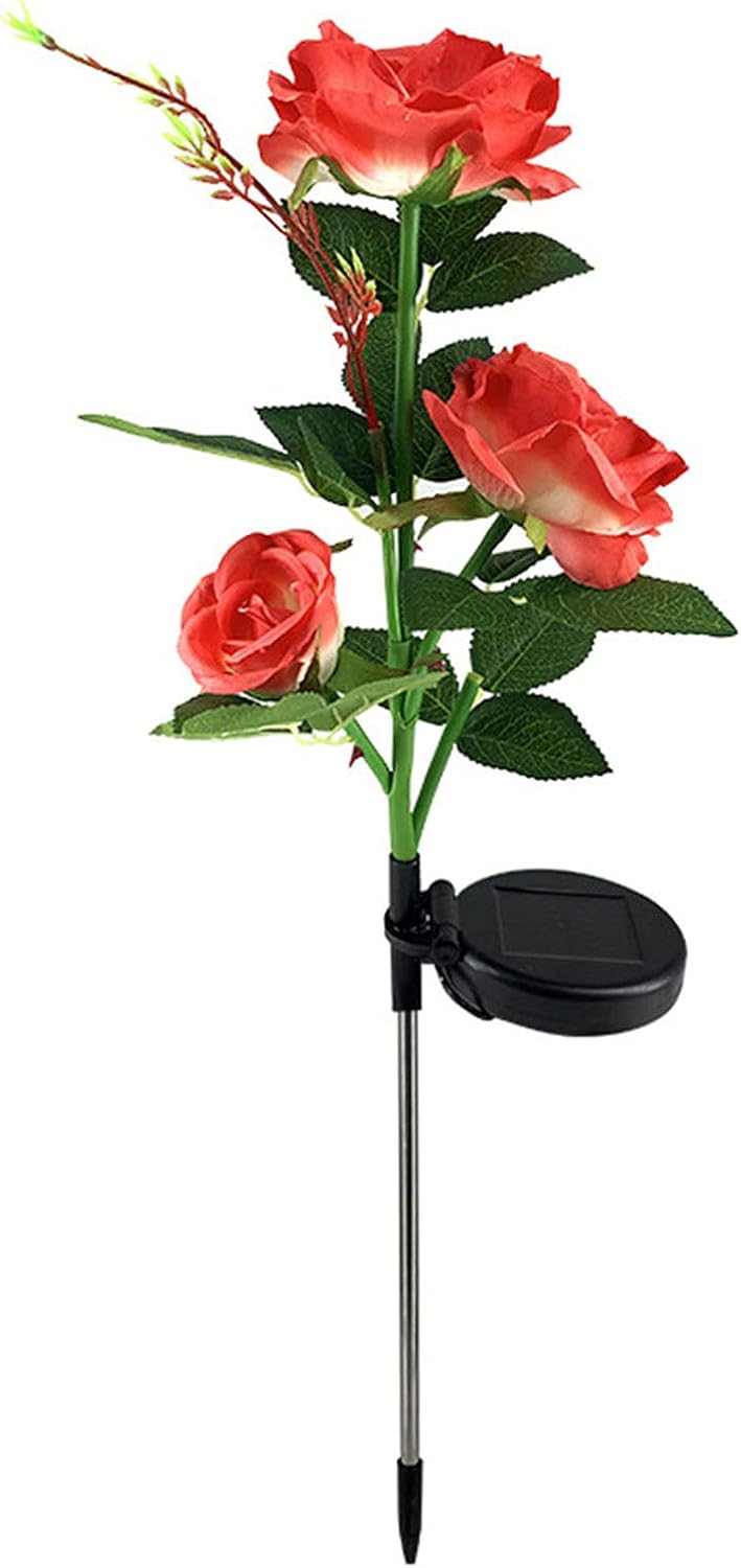 Flores artificiales, rosas falsas, plantas de imitación para interiores, luces rojas, cabeza solar LED para decoración de jardín, lámpara solar para
