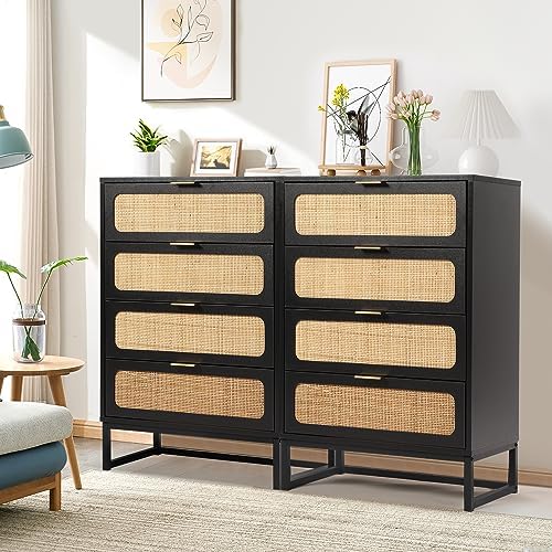 Cómoda de 4 cajones para dormitorio, cómoda de ratán, cómoda de armario, cómoda de almacenamiento de madera alta para sala de estar, dormitorio de