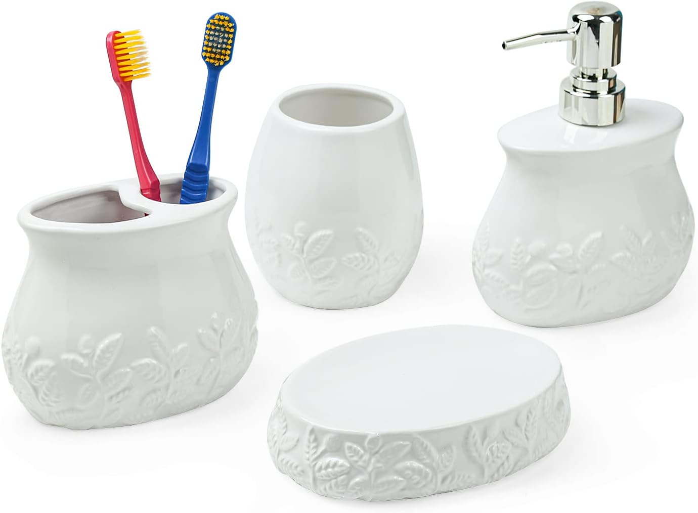 Juego de accesorios de baño de hojas en relieve de cerámica, conjunto de baño de 4 piezas con soporte para cepillos de dientes, taza para cepillos