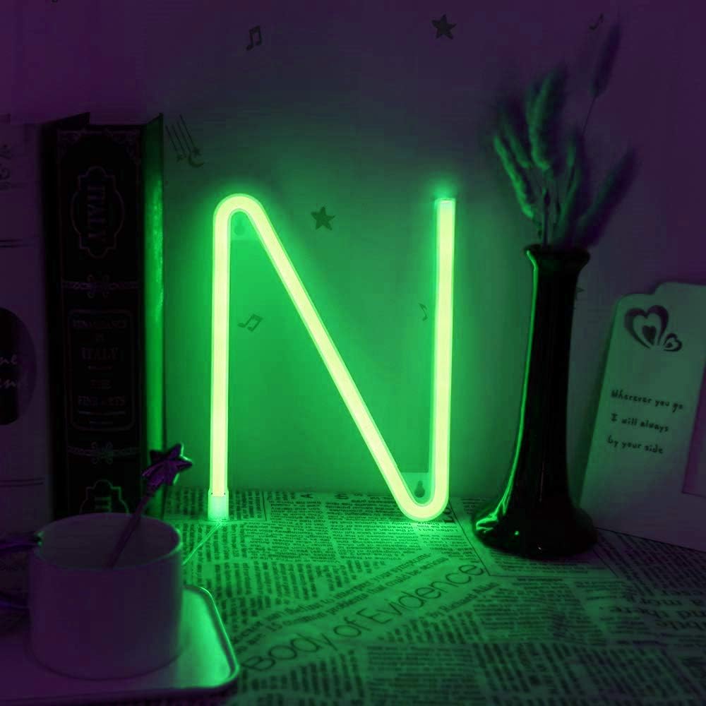 Letrero de neón, letras de neón, letras del alfabeto de neón iluminadas, letras con luces LED, letras de marquesina iluminadas, batería, USB, verde