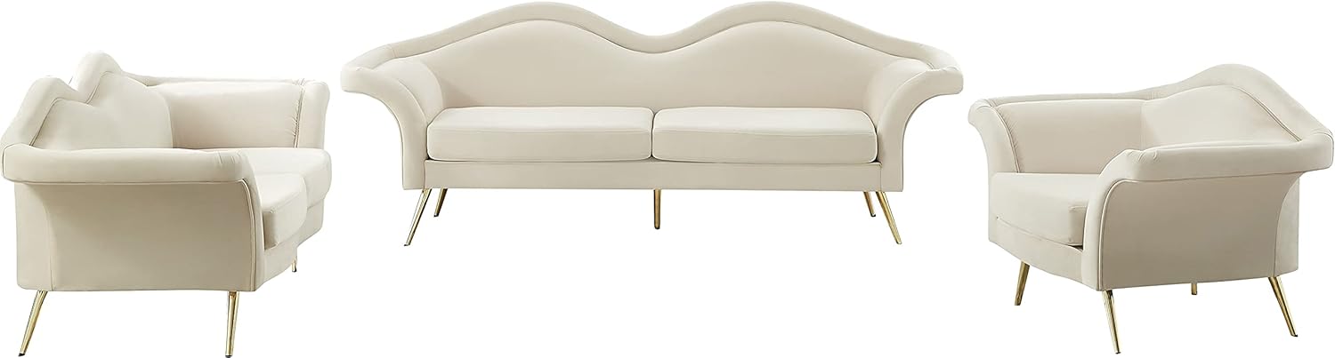 Meridian Furniture Lips Collection – Sofá biplaza tapizado de terciopelo con patas de metal dorado resistentes, color crema
