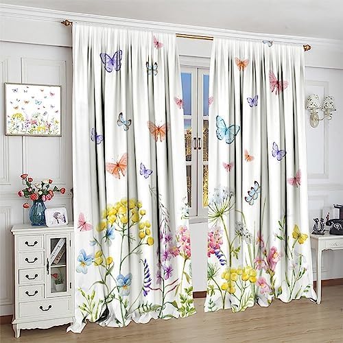 Cortinas de flores silvestres, mariposas de primavera, cortinas de ventana, tela con estampado floral botánico para sala de estar, dormitorio,