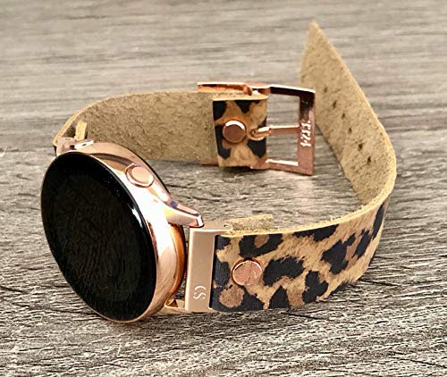 Leopard Print Genuine Leather Band for Samsung Galaxy Watch 42mm Adjustable Size Strap Bracelet Smartwatch Rose Gold Metal Jewelry Wristband