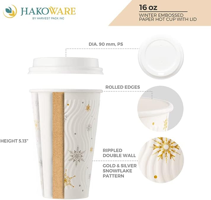 Paquete de 100 tazas de café de Navidad de 16 onzas, vasos de papel desechables de invierno con copos de nieve blancos, vasos de papel de pared con