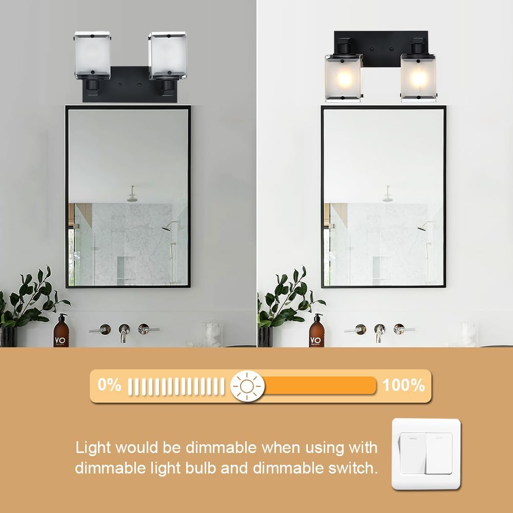 Lámpara de pared negra, 2 luces, lámpara de montaje en pared sobre espejo para dormitorio, mesita de noche, estudio, sala de estar, pantalla