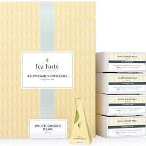 Tea Forte Caja de eventos de té blanco y pera, paquete a granel de 48 bolsitas de té con infusor piramidal para todas las ocasiones Tea Forte Caja de eventos de té blanco y pera, paquete a granel de 48 bolsitas de té con infusor piramidal para todas las ocasiones