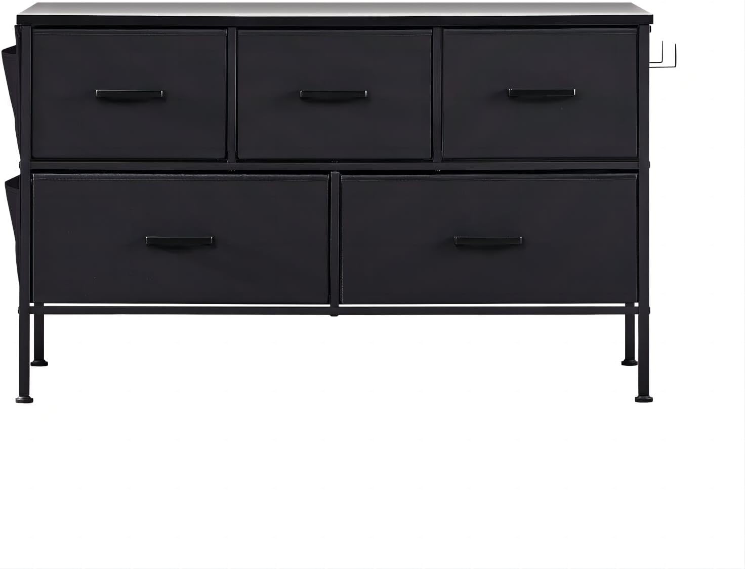 Cómoda para dormitorio con 5 cajones, unidades organizadoras de cómoda de tela, cómodas anchas con contenedores de tela y parte superior de madera,