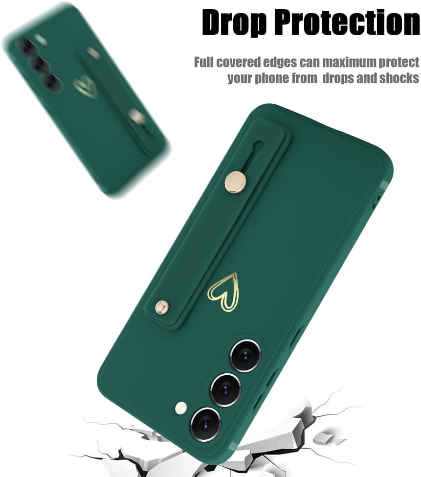 Funda compatible con Samsung Galaxy S23 para mujeres y niñas, bonito patrón de corazón dorado con soporte de mano para muñeca, delgada, de silicona