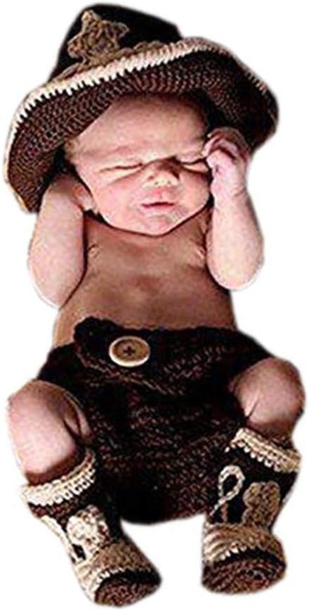 Pinbo Newborn baby Crochet Photo Prop Cowboy Set Hat Boots Diaper Cover Costume