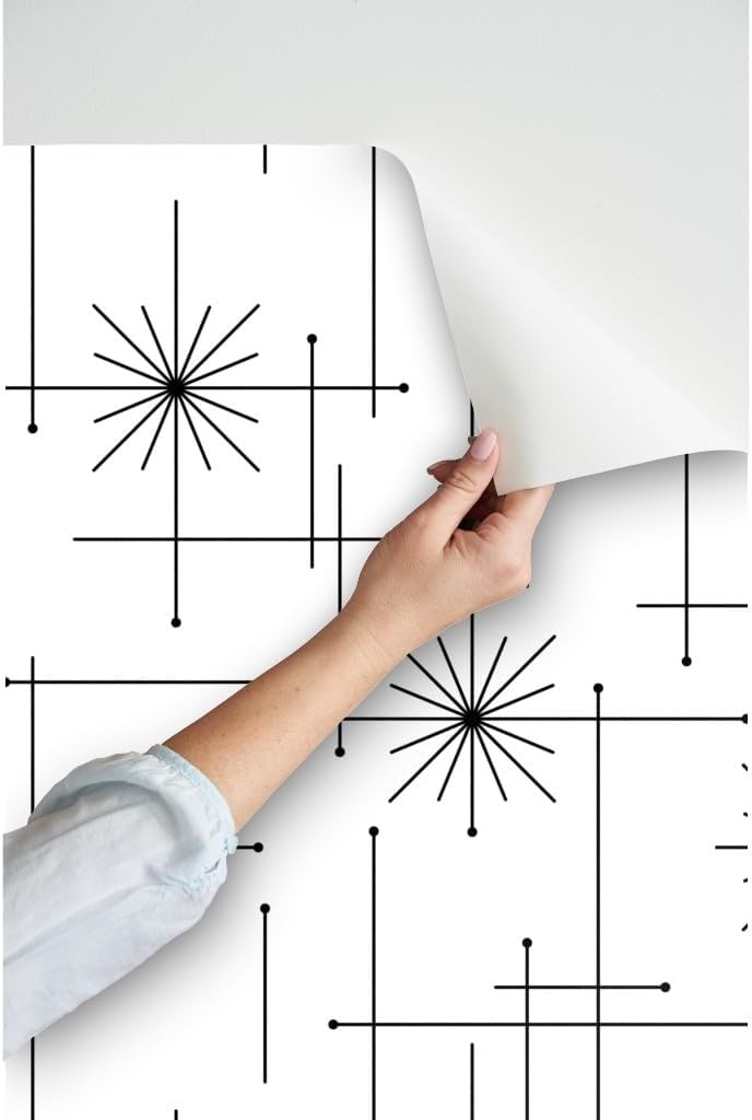 Spoonflower Papel tapiz para despegar y pegar, diseño geométrico de mediados de siglo, moderno, negro, blanco, monocromático, minimalista,