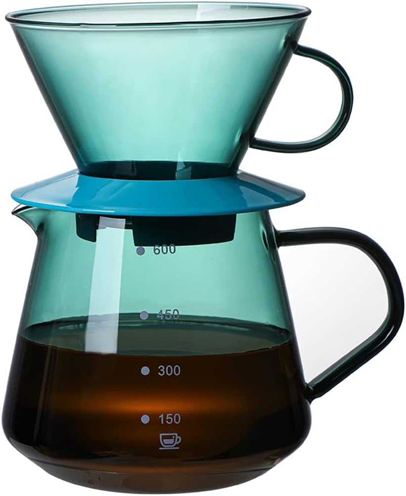 Bicuzat Cafetera de vidrio colorida para verter sobre la cafetera con asa, juego de cafetera y filtro de café, juego de filtros de olla verde de