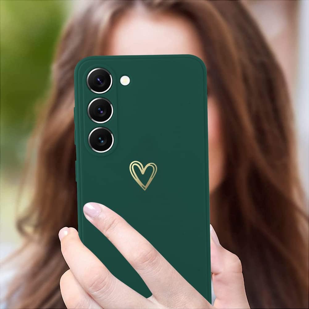 Funda compatible con Samsung Galaxy S23 para mujeres y niñas, bonito patrón de corazón dorado con soporte de mano para muñeca, delgada, de silicona