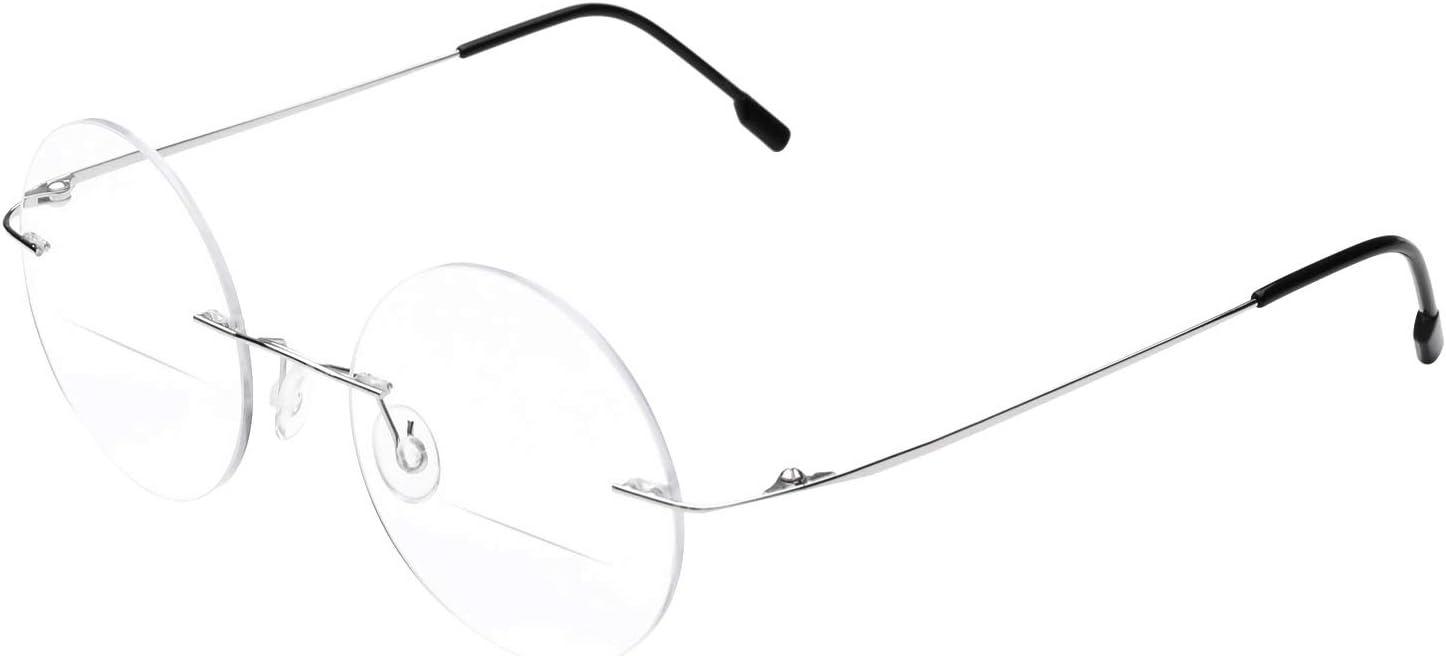 Gafas de lectura bifocales con marco redondo sin montura para hombres y mujeres, aleación de titanio, lentes ligeros para lectores, plateado