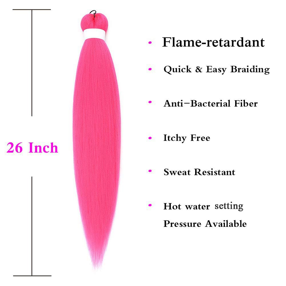 Cabello trenzado ignífugo preestirado de color rosa intenso, 3 paqueteslote, trenzas sin picazón, ajuste de agua caliente, fibra sintética, textura