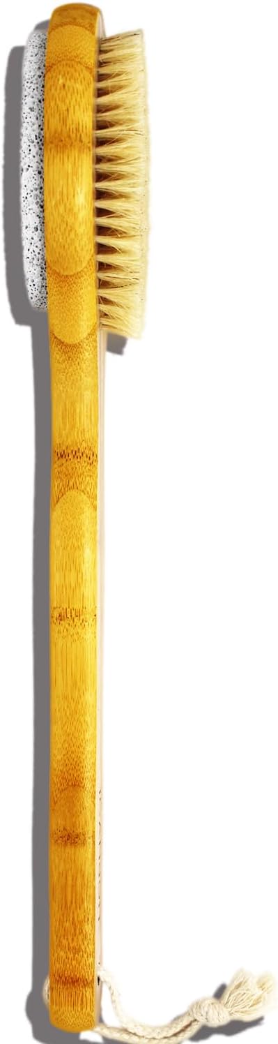 Cepillo de baño y ducha de mango largo 2 en 1, cepillo de baño, cerdas de jabalí con piedra pómez, exfolia y suaviza la piel, cepillo corporal de