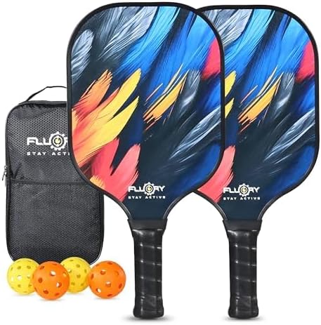 FLUORY Pickleball Paddles Set of 2, Lightweight Fiberglass Surface Pickleball Rackets Set with 4 Outdoor Indoor Balls,1 Carry Bag,Pickleball