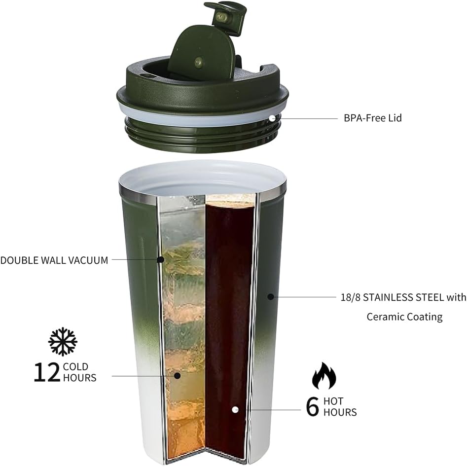 Avovy Taza de viaje de café con revestimiento de cerámica de 17 onzas, vaso aislado al vacío para automóvil con tapa a prueba de fugas, verde
