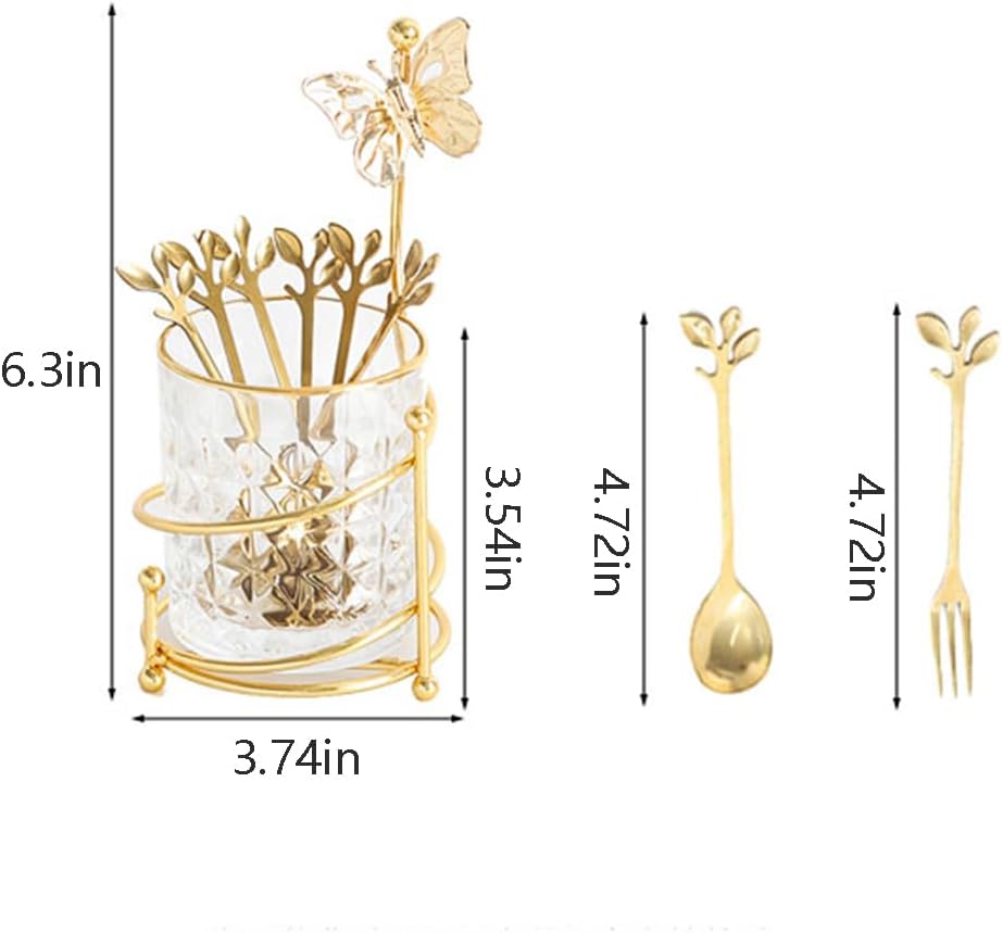 6 cucharas de café y tenedores con soporte de vidrio, pequeñas cucharas de té doradas de acero inoxidable, juego de mini tenedores de postre para