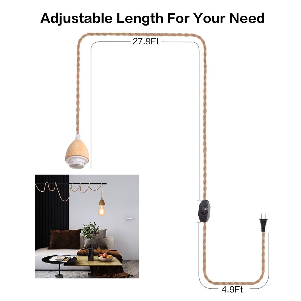 Arturesthome Cable de luz colgante, kit de luz colgante de 32.8 pies con interruptor regulable, cable de lámpara vintage con enchufe de luces