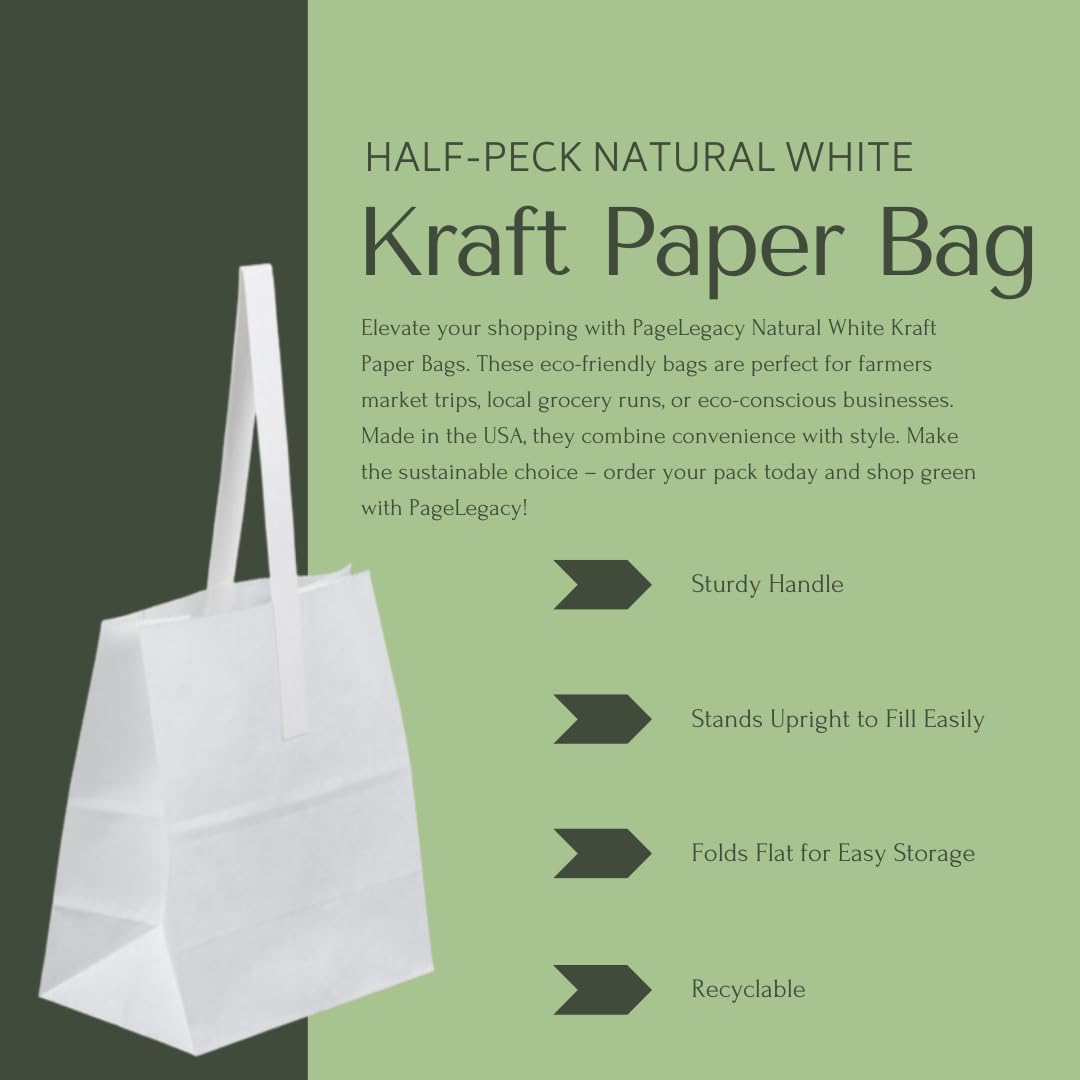 Paquete de 50 bolsas de papel kraft blancas fabricadas en Estados Unidos con asas (6.75 x 4.25 x 8 pulgadas) perfectas para productos de medio punto