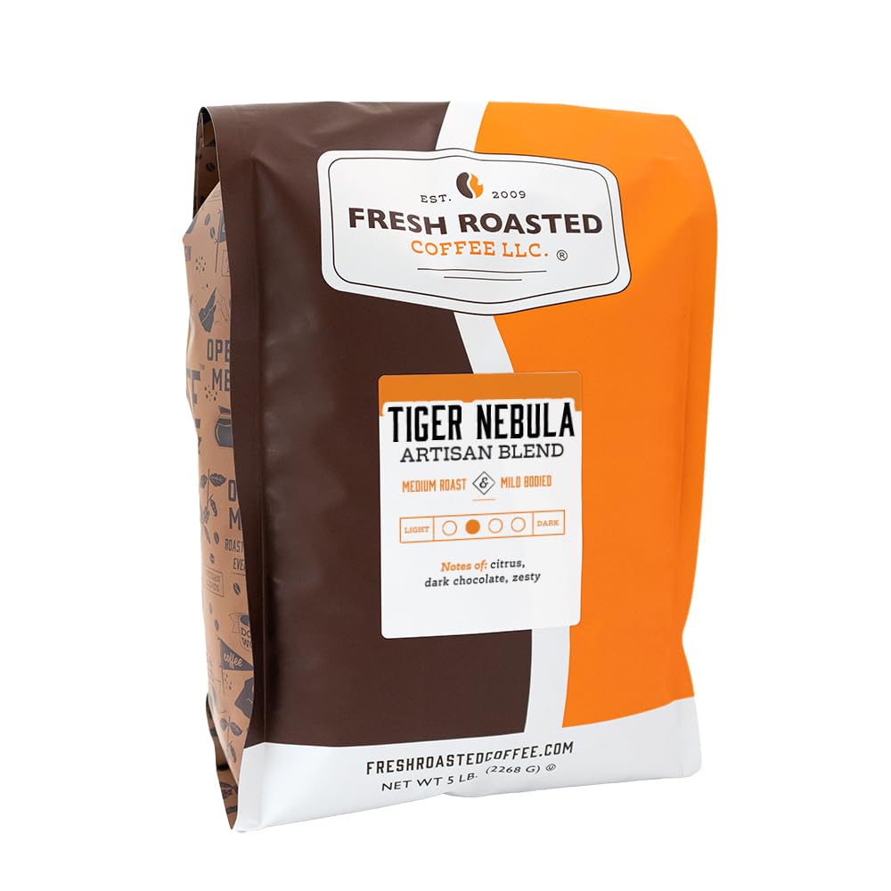 Fresh Roasted Coffee, Nebulosa de tigre, 5 libras (80 onzas), tostado medio, kosher, grano entero