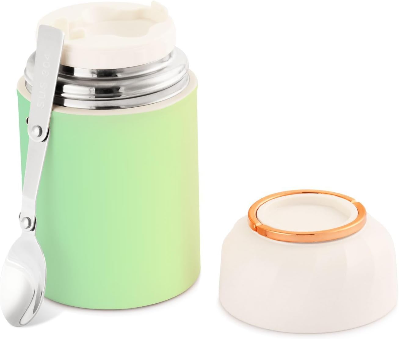 Tarro de comida verde degradado con cuchara de acero inoxidable aislado al vacío, contenedor de alimentos de 17 oz termo para adultos