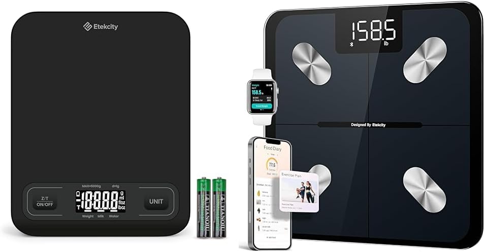 Etekcity Báscula de cocina para alimentos, gramos y onzas digitales, tamaño mediano, color negro y báscula para peso corporal y porcentaje de grasa,