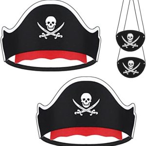 LOVINSHOW 4 piezas de sombrero de pirata clásico con estampado de calavera pirata capitán sombrero y parches de fieltro para Halloween, cosplay, LOVINSHOW 4 piezas de sombrero de pirata clásico con estampado de calavera pirata capitán sombrero y parches de fieltro para Halloween, cosplay,
