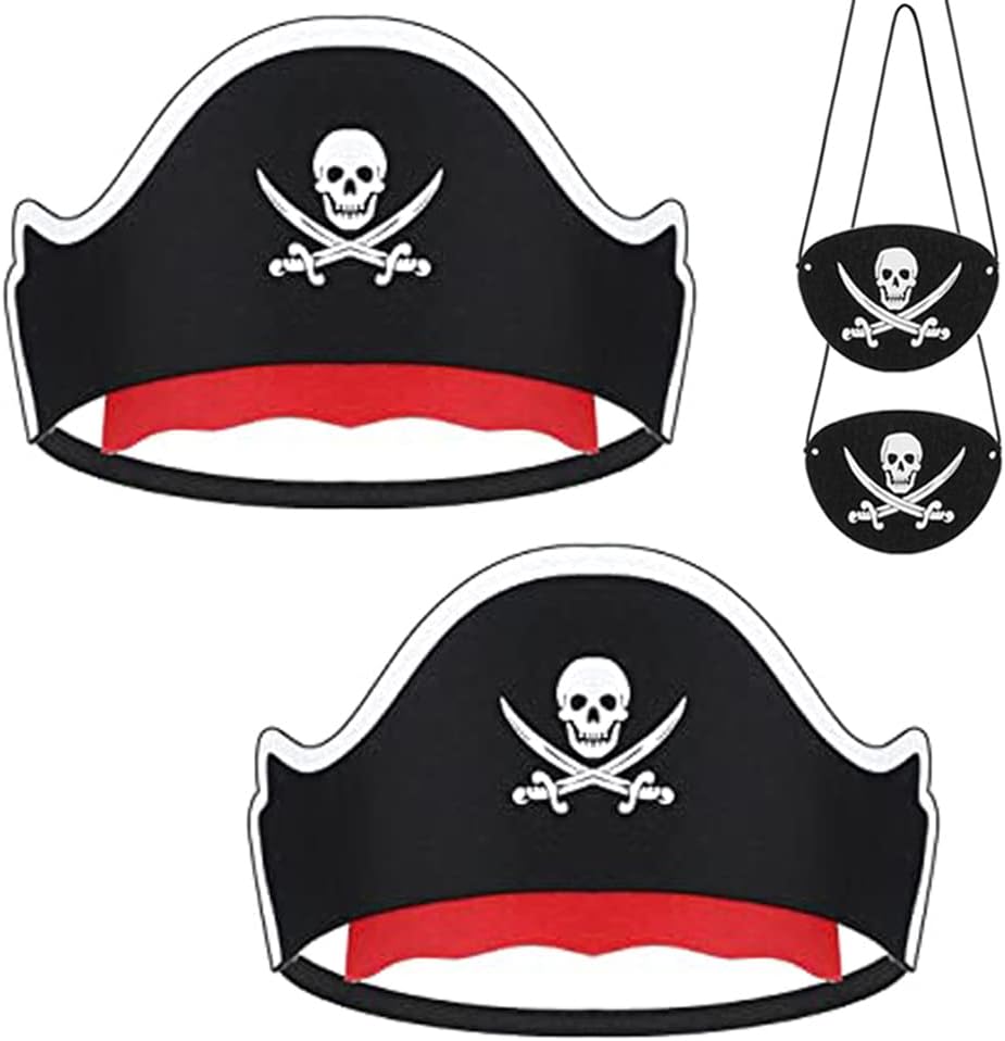 LOVINSHOW 4 piezas de sombrero de pirata clásico con estampado de calavera pirata capitán sombrero y parches de fieltro para Halloween, cosplay,