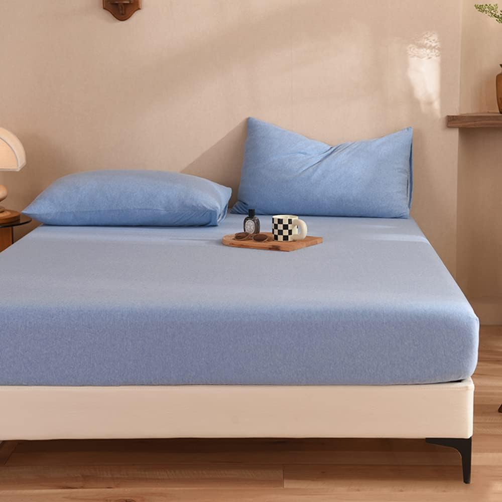 Mengersi Sábana bajera ajustable 100% de algodón de punto jersey, 1 sábana bajera, funda de colchón con bolsillo extra profundo (azul,
