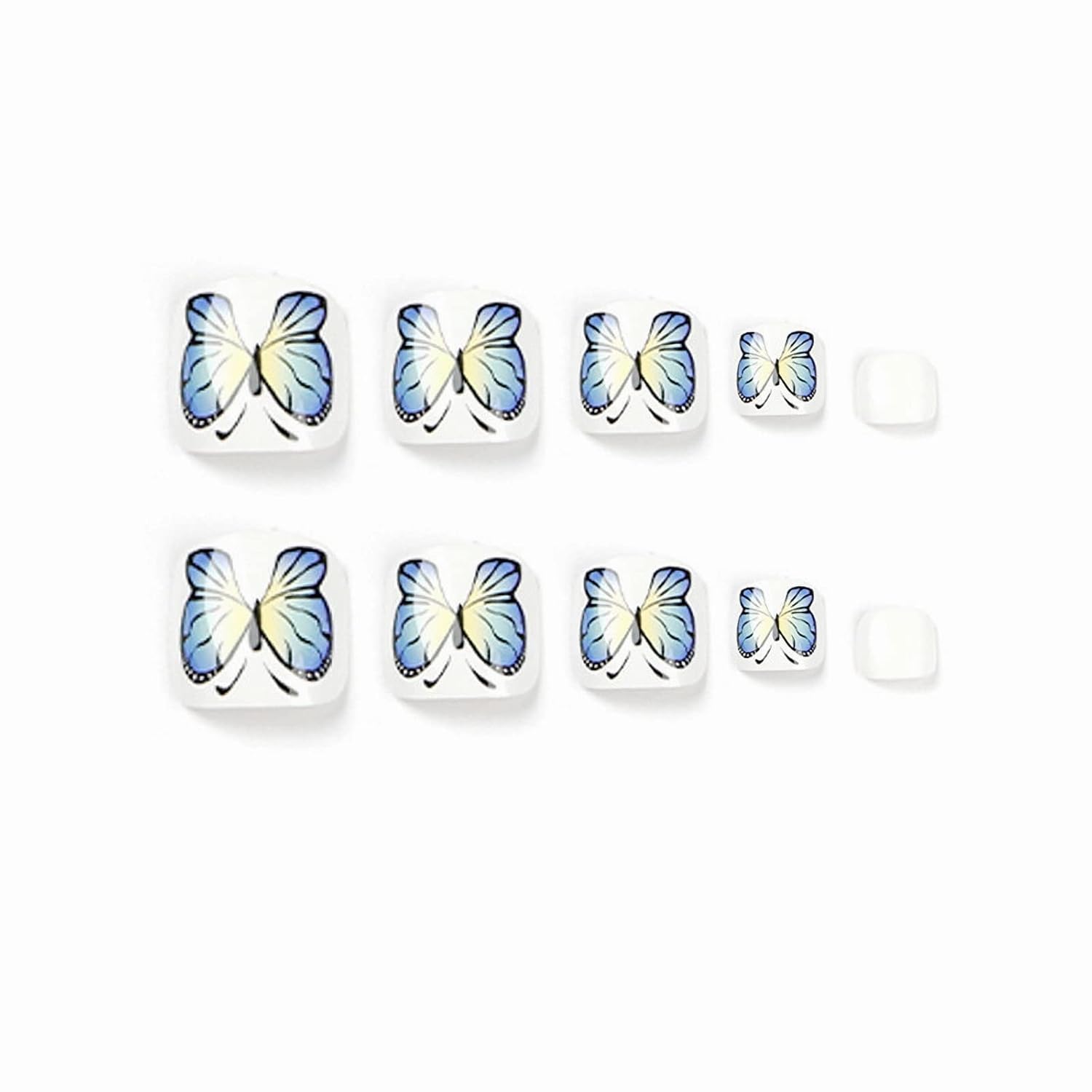 MISUD Uñas postizas brillantes a presión, pegamento blanco en las uñas de los pies de los pies, mariposa azul, uñas acrílicas de gel en uñas