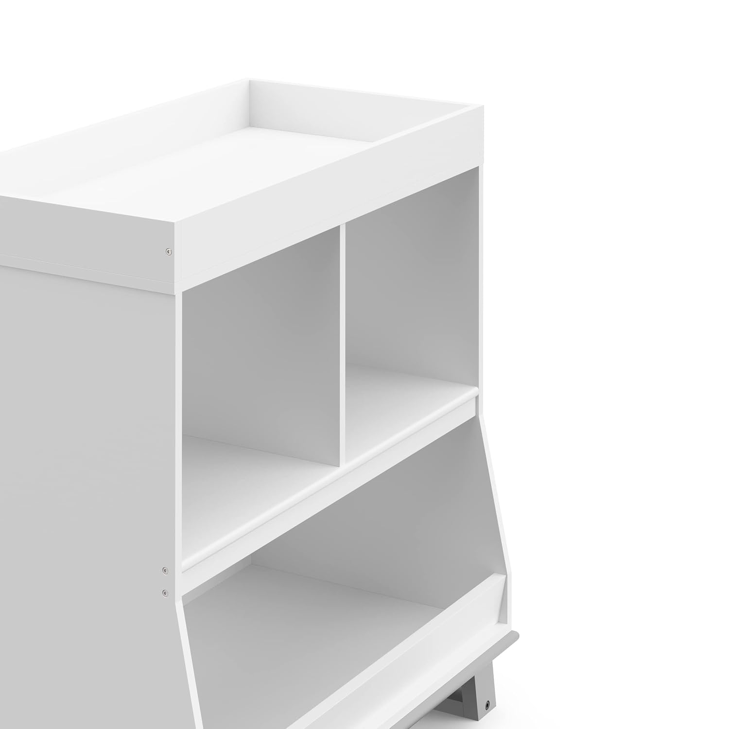 Storkcraft – Moderna mesa cambiadora con almacenamiento (blanco con gris guijarro)  Certificado GREENGUARD Gold, cambiador extraíble, se adapta a