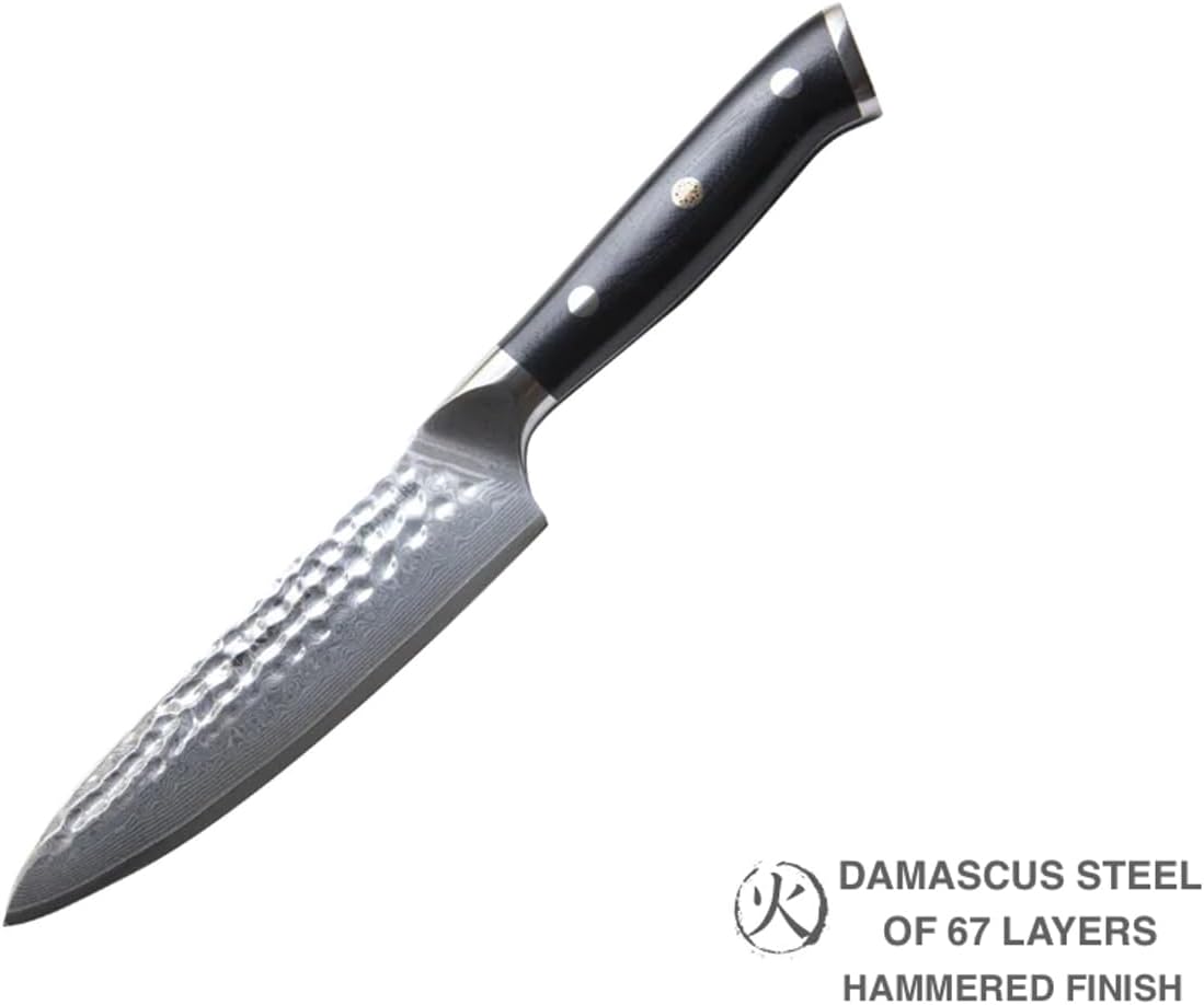 KANKA Cuchillo de chef profesional de acero de Damasco de 5 pulgadas, acabado martillado, 67 capas, mango de fibra de vidrio negro G10, cuchillo