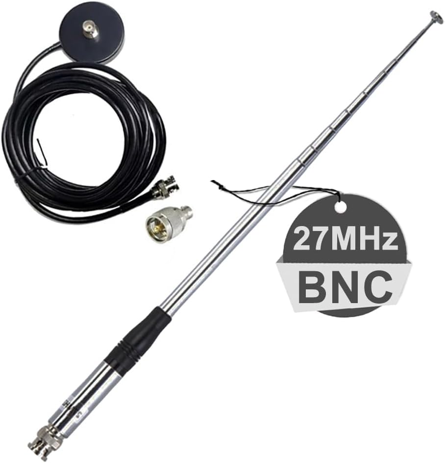 Antena CB de 27 MHz telescópica con base magnética de 2.16 pulgadas y cable de 196.85 pulgadas PL259 conector BNC macho de 9 pulgadas a 51 pulgadas