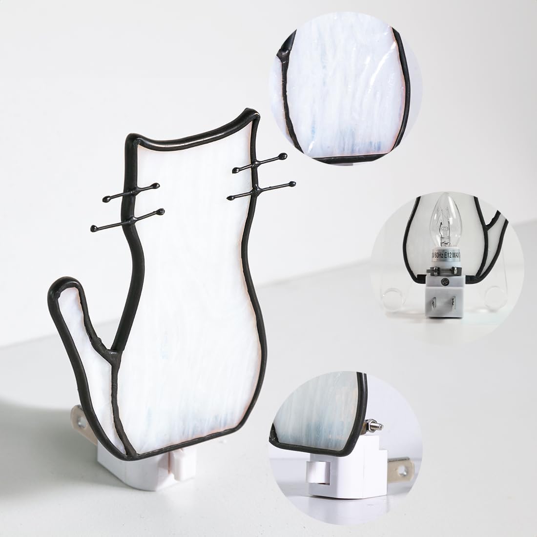 BOXCASA Luz nocturna de gato blanca con bombilla, lámpara de gato de vidrieras, luces nocturnas amarillas cálidas enchufables a la pared para sala