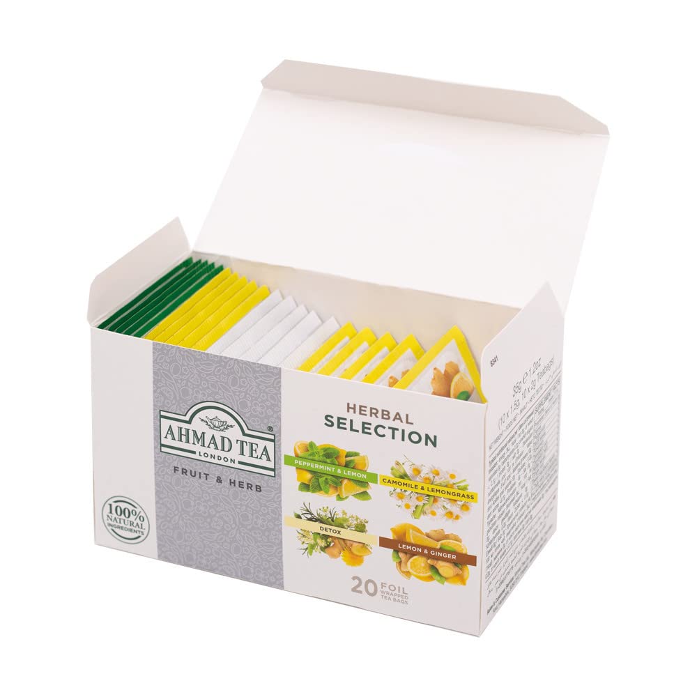 Ahmad Tea Té de hierbas, selección de frutas y hierbas, 4 tés de menta y limón, manzanilla y citronela, limón y jengibre, y bolsitas de té