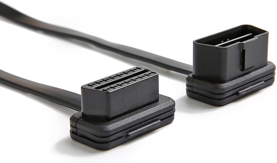 Cable de extensión OBD2, bbfly-A2 Cable de cinta plana de 16 pines OBDII macho a hembra Cable con conectores en ángulo de 1 pie11.8 in
