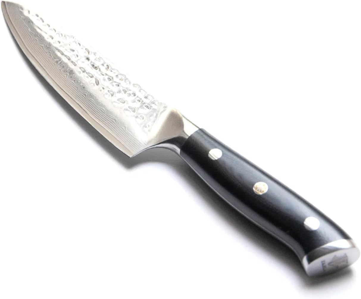 KANKA Cuchillo de chef profesional de acero de Damasco de 5 pulgadas, acabado martillado, 67 capas, mango de fibra de vidrio negro G10, cuchillo