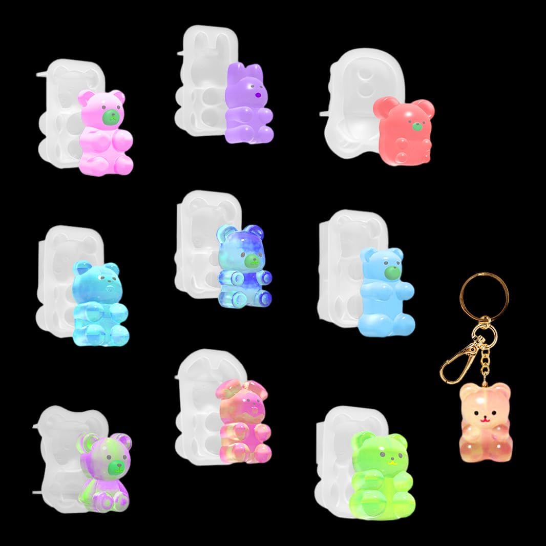 XYQHOAC 9 piezas de molde de silicona para llavero de oso, moldes de resina para llavero 3D, juego de moldes de resina epoxi con agujero, moldes de