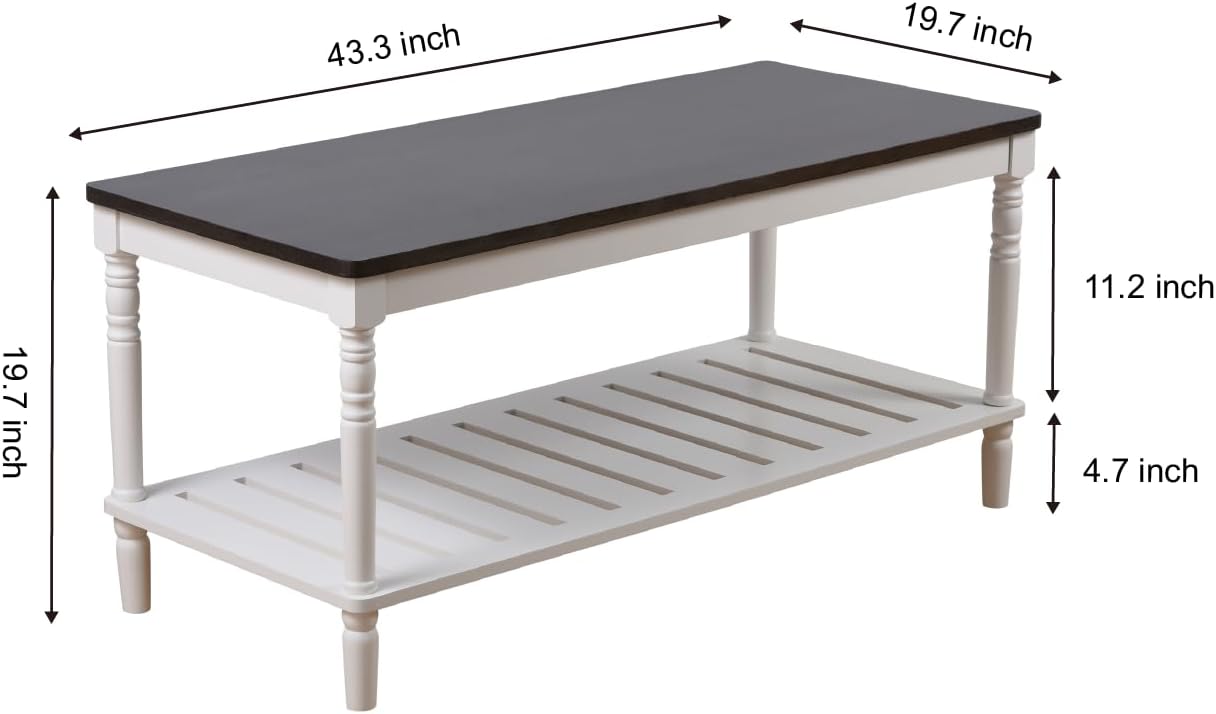 Mesa de centro de granja, madera maciza + MDF rústica, vintage, mesas de sala de estar con estante, marrón y blanco, 43 pulgadas
