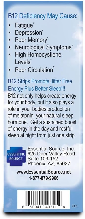 Tiras de vitamina B12  Suplemento energético con 2000 mcg de metilcobalamina, B6, folato y biotina  Apoya la salud nerviosa y cerebral, alivio del