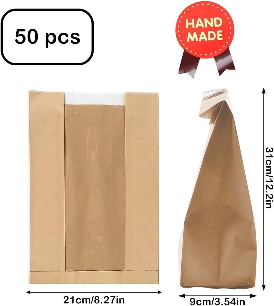 Bolsas de panadería con ventana, paquete de 50 bolsas de pan tostado, bolsas grandes de papel Kraft, bolsas de almacenamiento de pan para pan