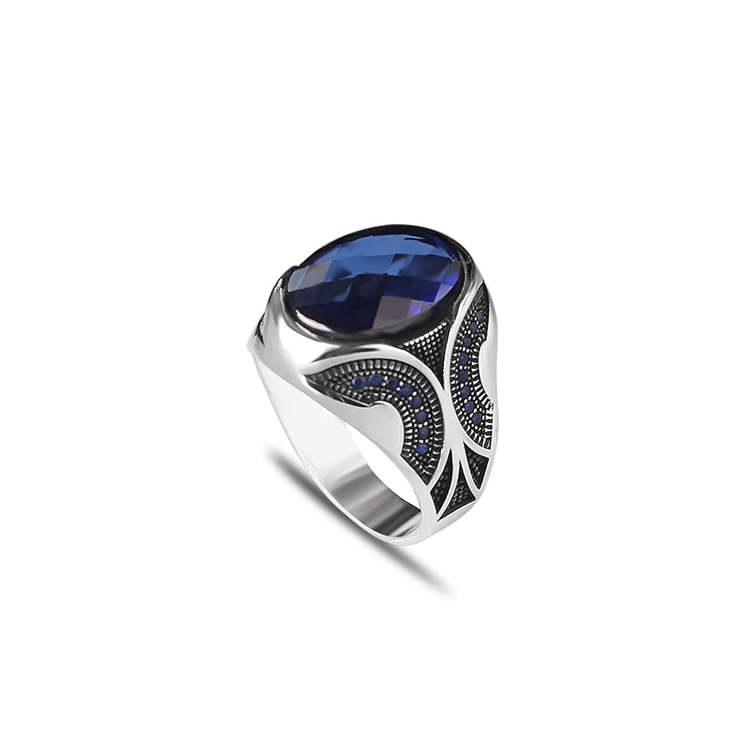 925 Sterling Silver Men Silver Ring with Sapphire GemStone, Handmade Engraved Silver Ring, Gift for him, Minimalist Silver Ring (10)