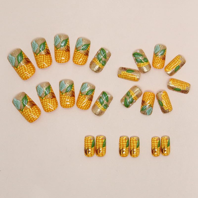 Uñas postizas cuadradas a presión, uñas postizas cortas con purpurina dorada, uñas acrílicas de longitud media con diseño de patrón de maíz, uñas