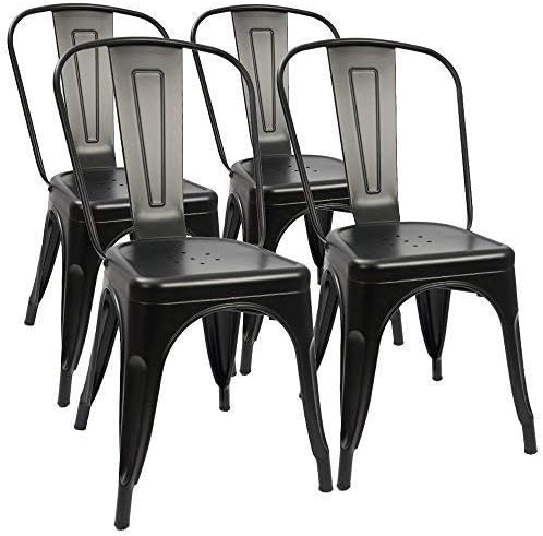 Juego de 4 sillas de comedor de metal negro, sillas de patio, sillas de metal para cocina, sillas de metal para interiores y exteriores, silla de
