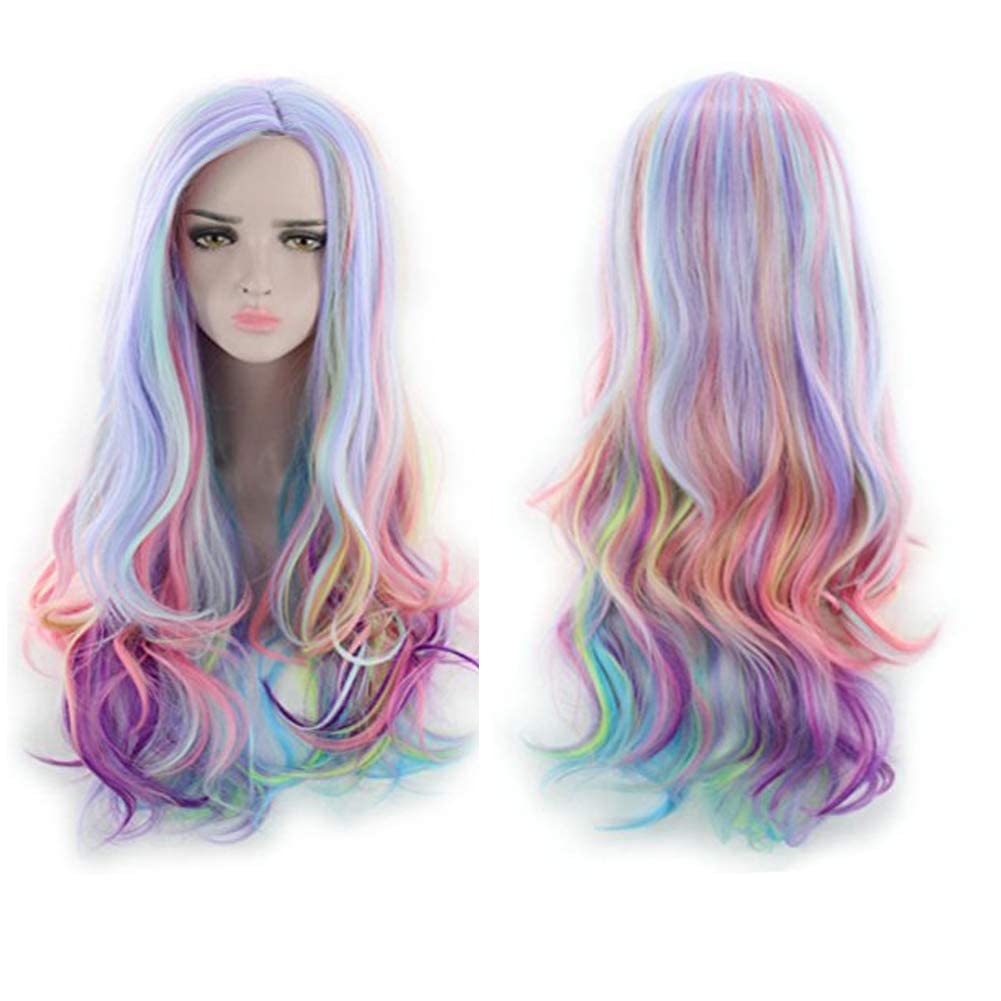 PATTNIUM Peluca larga ondulada colorida de 27 pulgadas para mujeres y niñas, peluca de arco iris pastel, resistente al calor, peluca de cabello