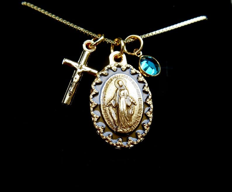Gold Tone Miraculous Medal -20″ Gold Plated 925 Sterling Silver Box Chain, Tiny Crucifix Charm, Personalized Crystal Birthstone Confirmation Gift
