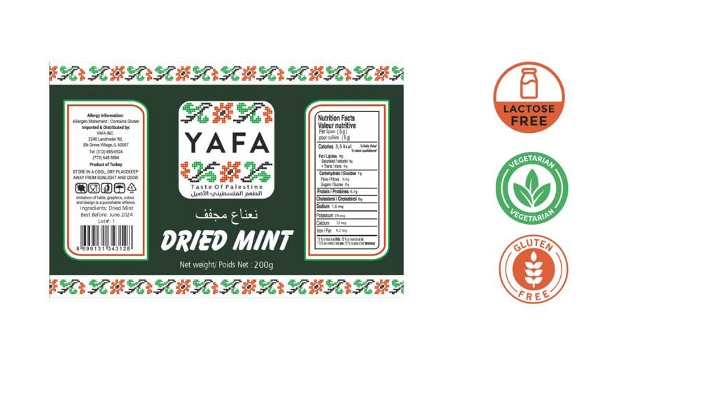 YAFA Menta seca para cocinar – Hierbas secas – Hojas de menta seca – Hierbas orgánicas de hierbabuena hoja suelta – Sabor de Palestina – Hoja suelta